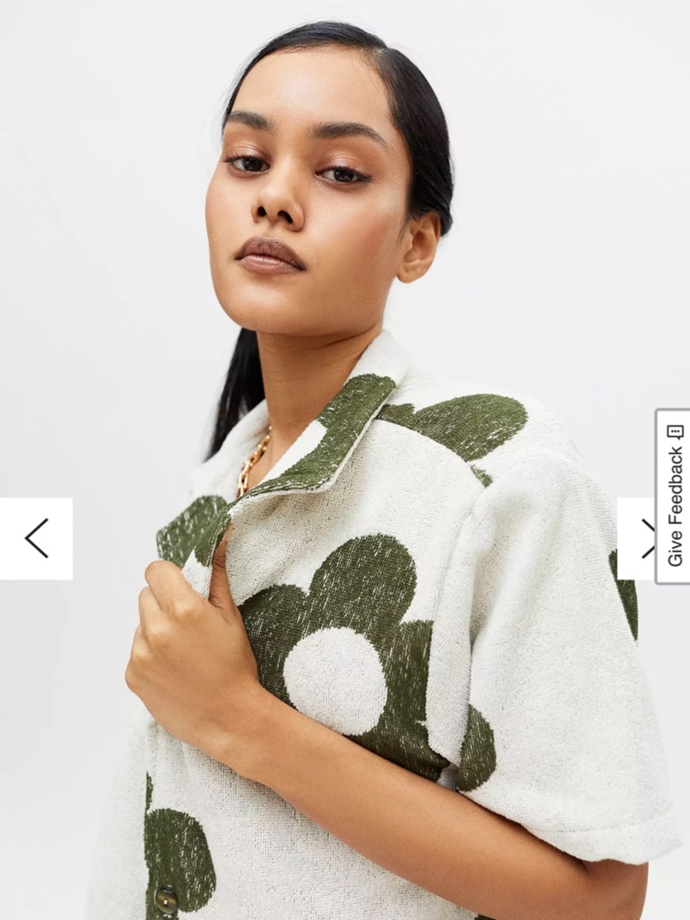 OAS White and Olive Green Floral Terry Button-Down